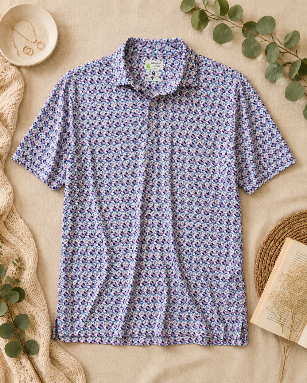 TailorByrd Men’s Performance Polo Geometric Print Blue Pink Country Club SZ L